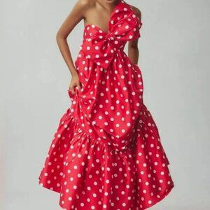 NWT but Worn Anthropologie Atsu Sz L Sally Bow Midi Dress In Red White Polka Dot